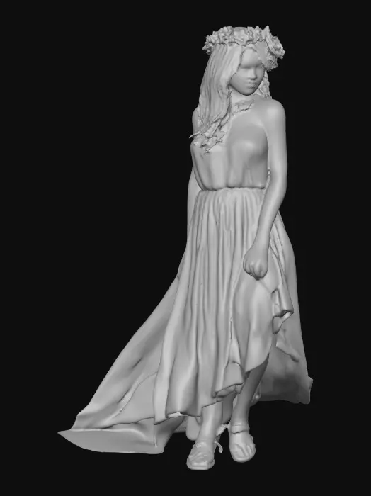 3D model for idyllic fantasy scene, bathed in soft, ethereal light of a crescent moon. A gorgeous Norse goddess reclines gracefully, her thick, luxurious light brown hair cascading around her. She has a lovely face, a rose blush on her cheeks, and a flirty smile playing on her lips. She wears a crown of large vibrant florals, She wears a velvet choker and a filmy light green dress that drapes elegantly. Her gaze is directed in a side-eye glance, full of allure. The style is inspired by Anna Razumovskaya, featuring delicate details, flowing lines, and a dreamlike atmosphere.