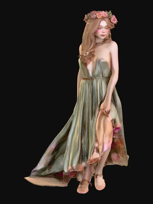 3D model for idyllic fantasy scene, bathed in soft, ethereal light of a crescent moon. A gorgeous Norse goddess reclines gracefully, her thick, luxurious light brown hair cascading around her. She has a lovely face, a rose blush on her cheeks, and a flirty smile playing on her lips. She wears a crown of large vibrant florals, She wears a velvet choker and a filmy light green dress that drapes elegantly. Her gaze is directed in a side-eye glance, full of allure. The style is inspired by Anna Razumovskaya, featuring delicate details, flowing lines, and a dreamlike atmosphere.