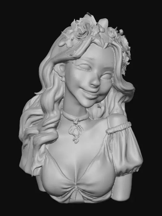 3D model for idyllic fantasy scene, bathed in soft, ethereal light of a crescent moon. A gorgeous Norse goddess reclines gracefully, her thick, luxurious light brown hair cascading around her. She has a lovely face, a rose blush on her cheeks, and a flirty smile playing on her lips. She wears a crown of large vibrant florals, She wears a velvet choker and a filmy light green dress that drapes elegantly. Her gaze is directed in a side-eye glance, full of allure. The style is inspired by Anna Razumovskaya, featuring delicate details, flowing lines, and a dreamlike atmosphere.