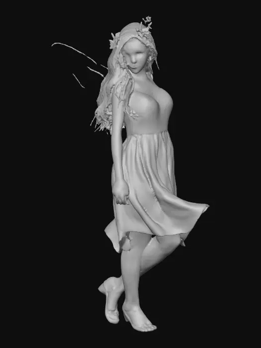 3D model for beautiful woodland fairy in a slow dance posture, the queen is adorned with wild flowers, she has a beautiful curvy figure, beautiful facial features and she has long wavy auburn hair. The scene is set against a plain white background 
Suitable for 3d printing