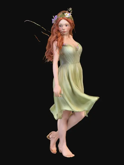 3D model for beautiful woodland fairy in a slow dance posture, the queen is adorned with wild flowers, she has a beautiful curvy figure, beautiful facial features and she has long wavy auburn hair. The scene is set against a plain white background 
Suitable for 3d printing