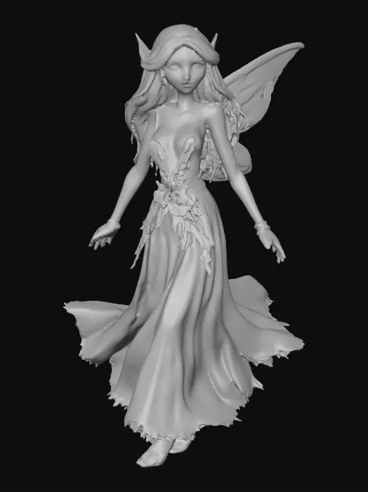 3D model for beautiful woodland fairy in a slow dance posture, the queen is adorned with wild flowers, she has a beautiful curvy figure, beautiful facial features and she has long wavy auburn hair. The scene is set against a plain white background 
Suitable for 3d printing