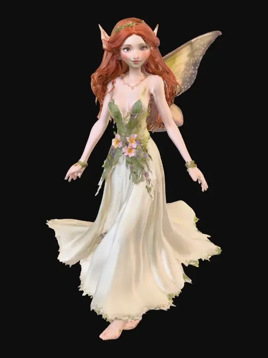 3D model for beautiful woodland fairy in a slow dance posture, the queen is adorned with wild flowers, she has a beautiful curvy figure, beautiful facial features and she has long wavy auburn hair. The scene is set against a plain white background 
Suitable for 3d printing
