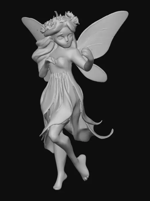 3D model for beautiful woodland fairy in a slow dance posture, the queen is adorned with wild flowers, she has a beautiful curvy figure, beautiful facial features and she has long wavy auburn hair. The scene is set against a plain white background 
Suitable for 3d printing