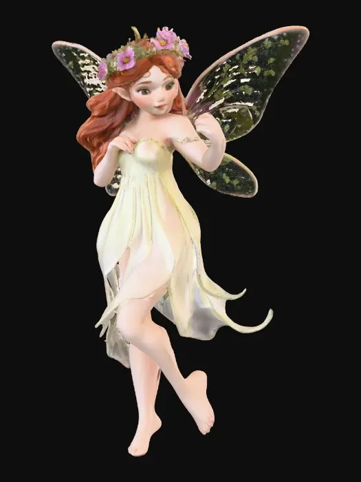 3D model for beautiful woodland fairy in a slow dance posture, the queen is adorned with wild flowers, she has a beautiful curvy figure, beautiful facial features and she has long wavy auburn hair. The scene is set against a plain white background 
Suitable for 3d printing