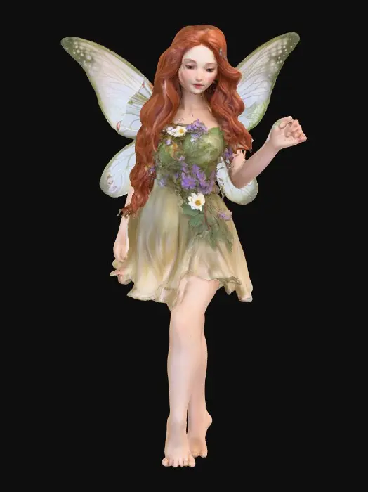 3D model for beautiful woodland fairy in a slow dance posture, the queen is adorned with wild flowers, she has a beautiful curvy figure, beautiful facial features and she has long wavy auburn hair. The scene is set against a plain white background 
Suitable for 3d printing