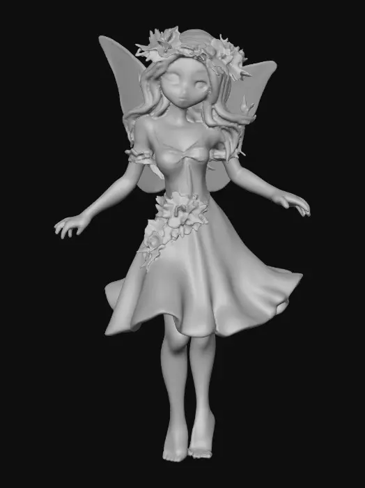 3D model for beautiful woodland fairy in a slow dance posture, the queen is adorned with wild flowers, she has a beautiful curvy figure, beautiful facial features and she has long wavy auburn hair. The scene is set against a plain white background 
Suitable for 3d printing