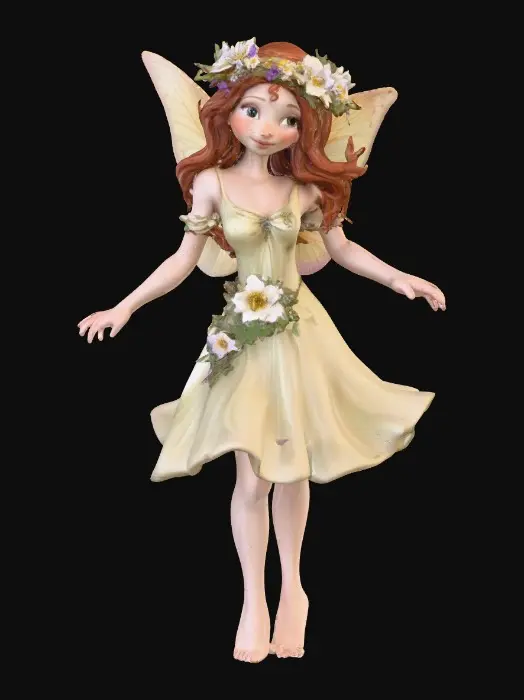 3D model for beautiful woodland fairy in a slow dance posture, the queen is adorned with wild flowers, she has a beautiful curvy figure, beautiful facial features and she has long wavy auburn hair. The scene is set against a plain white background 
Suitable for 3d printing