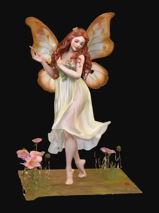 3D model for beautiful woodland fairy in a slow dance posture, the queen is adorned with wild flowers, she has a beautiful curvy figure, beautiful facial features and she has long wavy auburn hair. The scene is set against a plain white background 
Suitable for 3d printing