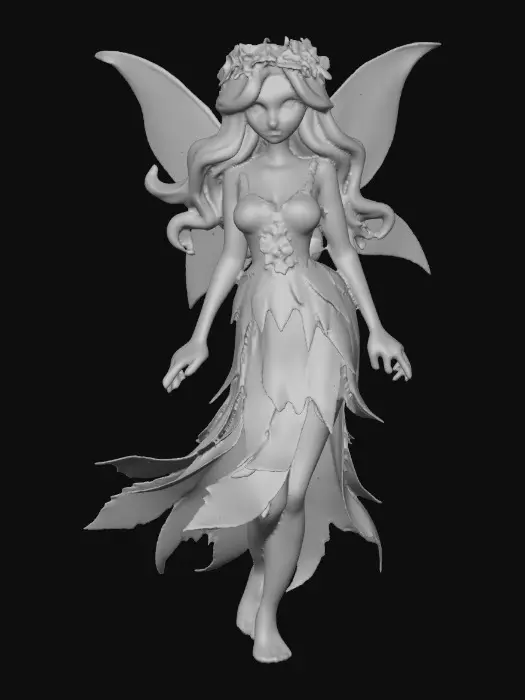 3D model for beautiful woodland fairy in a slow dance posture, the queen is adorned with wild flowers, she has a beautiful curvy figure, beautiful facial features and she has long wavy auburn hair. The scene is set against a plain white background 
Suitable for 3d printing