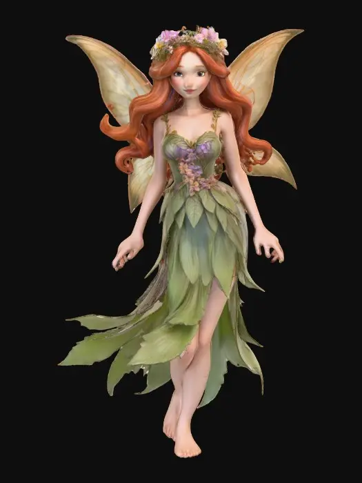3D model for beautiful woodland fairy in a slow dance posture, the queen is adorned with wild flowers, she has a beautiful curvy figure, beautiful facial features and she has long wavy auburn hair. The scene is set against a plain white background 
Suitable for 3d printing