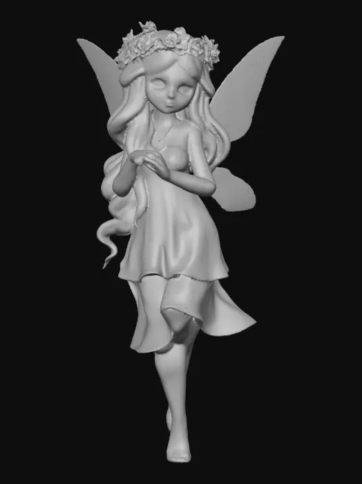 3D model for beautiful woodland fairy in a slow dance posture, the queen is adorned with wild flowers, she has a beautiful curvy figure, beautiful facial features and she has long wavy auburn hair. The scene is set against a plain white background 
Suitable for 3d printing