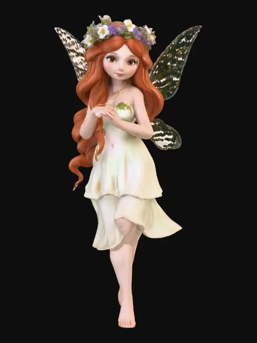 3D model for beautiful woodland fairy in a slow dance posture, the queen is adorned with wild flowers, she has a beautiful curvy figure, beautiful facial features and she has long wavy auburn hair. The scene is set against a plain white background 
Suitable for 3d printing