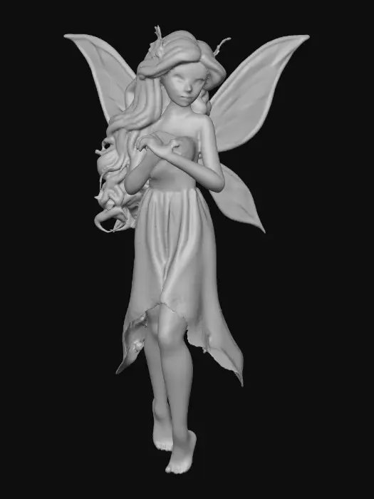 3D model for beautiful woodland fairy in a slow dance posture, the queen is adorned with wild flowers, she has a beautiful curvy figure, beautiful facial features and she has long wavy auburn hair. The scene is set against a plain white background 
Suitable for 3d printing