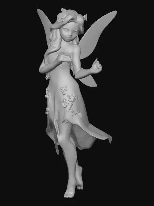 3D model for beautiful woodland fairy in a slow dance posture, the queen is adorned with wild flowers, she has a beautiful curvy figure, beautiful facial features and she has long wavy auburn hair. The scene is set against a plain white background 
Suitable for 3d printing