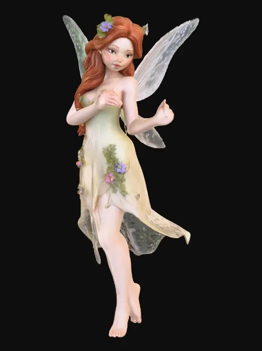 3D model for beautiful woodland fairy in a slow dance posture, the queen is adorned with wild flowers, she has a beautiful curvy figure, beautiful facial features and she has long wavy auburn hair. The scene is set against a plain white background 
Suitable for 3d printing