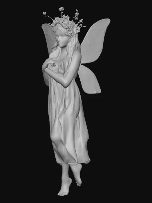 3D model for beautiful woodland fairy in a slow dance posture, the queen is adorned with wild flowers, she has a beautiful curvy figure, beautiful facial features and she has long wavy auburn hair. The scene is set against a plain white background 
Suitable for 3d printing