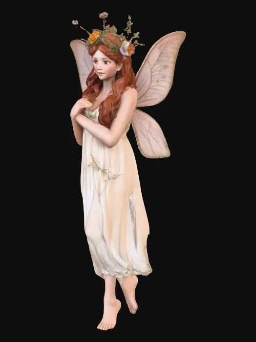 3D model for beautiful woodland fairy in a slow dance posture, the queen is adorned with wild flowers, she has a beautiful curvy figure, beautiful facial features and she has long wavy auburn hair. The scene is set against a plain white background 
Suitable for 3d printing