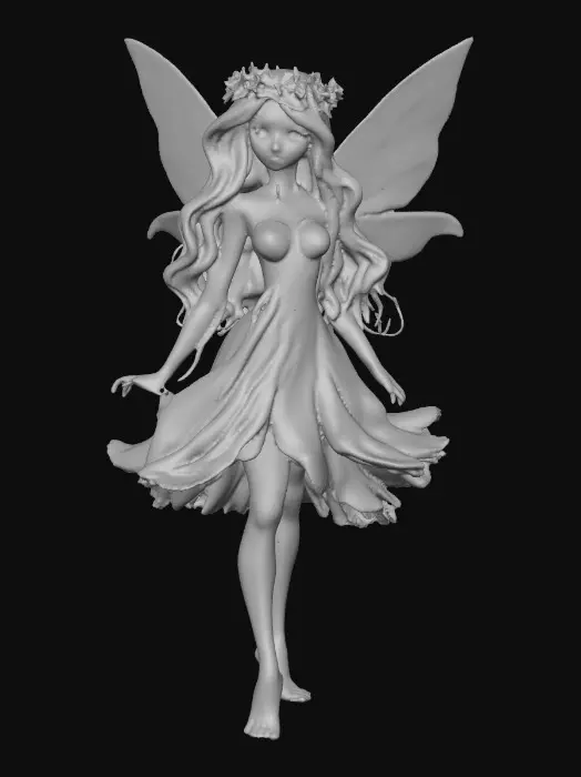 3D model for beautiful woodland fairy in a slow dance posture, the queen is adorned with wild flowers, she has a beautiful curvy figure, beautiful facial features and she has long wavy auburn hair. The scene is set against a plain white background 
Suitable for 3d printing