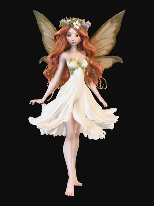3D model for beautiful woodland fairy in a slow dance posture, the queen is adorned with wild flowers, she has a beautiful curvy figure, beautiful facial features and she has long wavy auburn hair. The scene is set against a plain white background 
Suitable for 3d printing