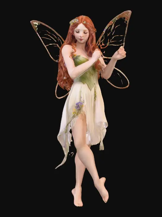 3D model for beautiful woodland fairy in a slow dance posture, the queen is adorned with wild flowers, she has a beautiful curvy figure, beautiful facial features and she has long wavy auburn hair. The scene is set against a plain white background 
Suitable for 3d printing