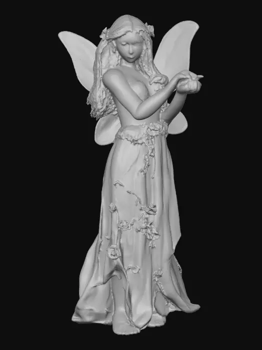 3D model for beautiful woodland fairy in a slow dance posture, the queen is adorned with wild flowers, she has a beautiful curvy figure, beautiful facial features and she has long wavy auburn hair. The scene is set against a plain white background 
Suitable for 3d printing