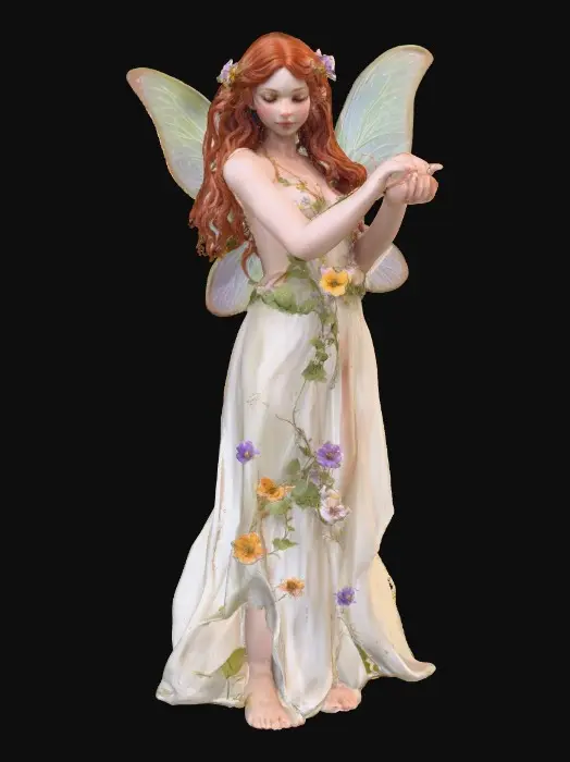 3D model for beautiful woodland fairy in a slow dance posture, the queen is adorned with wild flowers, she has a beautiful curvy figure, beautiful facial features and she has long wavy auburn hair. The scene is set against a plain white background 
Suitable for 3d printing