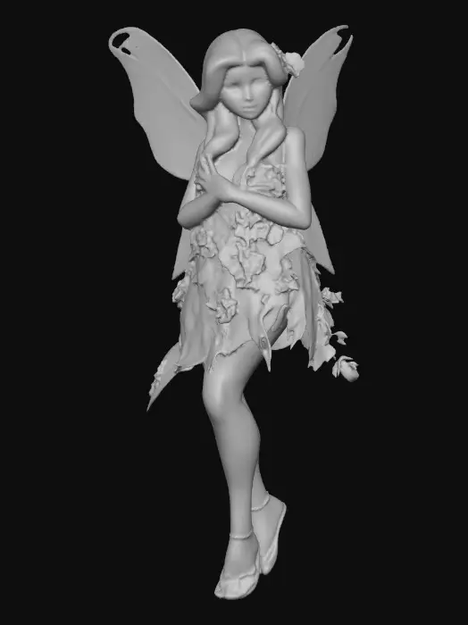 3D model for beautiful woodland fairy in a slow dance posture, the queen is adorned with wild flowers, she has a beautiful curvy figure, beautiful facial features and she has long wavy auburn hair. The scene is set against a plain white background 
Suitable for 3d printing