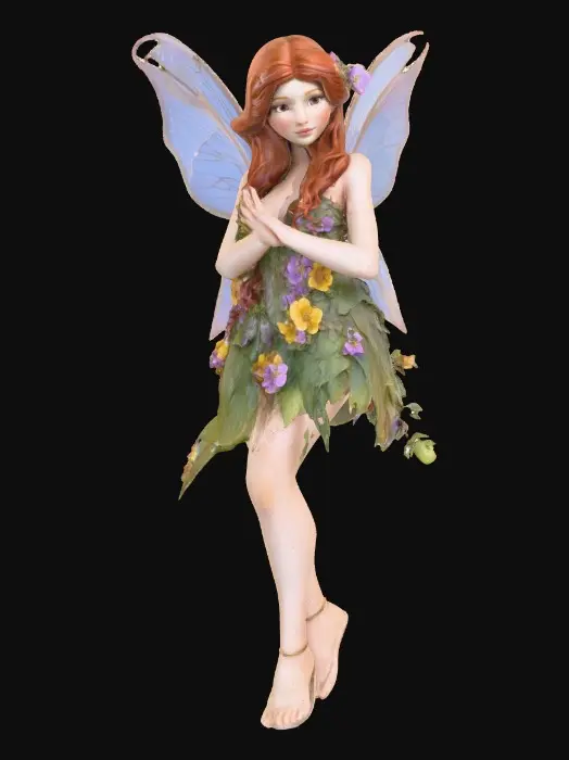 3D model for beautiful woodland fairy in a slow dance posture, the queen is adorned with wild flowers, she has a beautiful curvy figure, beautiful facial features and she has long wavy auburn hair. The scene is set against a plain white background 
Suitable for 3d printing
