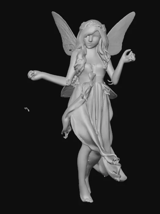 3D model for beautiful woodland fairy in a slow dance posture, the queen is adorned with wild flowers, she has a beautiful curvy figure, beautiful facial features and she has long wavy auburn hair. The scene is set against a plain white background 
Suitable for 3d printing