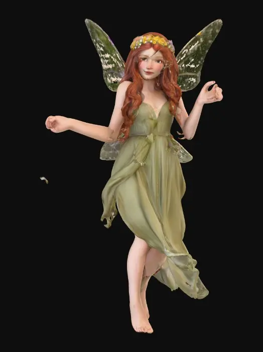 3D model for beautiful woodland fairy in a slow dance posture, the queen is adorned with wild flowers, she has a beautiful curvy figure, beautiful facial features and she has long wavy auburn hair. The scene is set against a plain white background 
Suitable for 3d printing