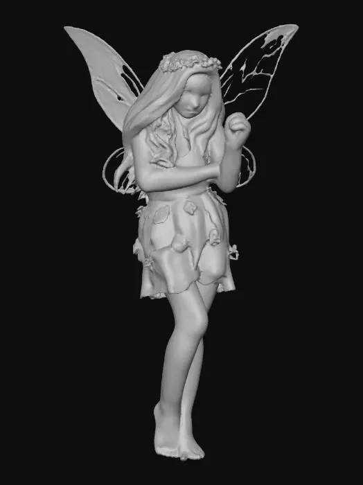 3D model for beautiful woodland fairy in a slow dance posture, the queen is adorned with wild flowers, she has a beautiful curvy figure, beautiful facial features and she has long wavy auburn hair. The scene is set against a plain white background 
Suitable for 3d printing