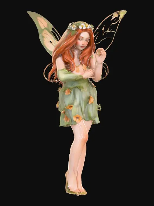 3D model for beautiful woodland fairy in a slow dance posture, the queen is adorned with wild flowers, she has a beautiful curvy figure, beautiful facial features and she has long wavy auburn hair. The scene is set against a plain white background 
Suitable for 3d printing