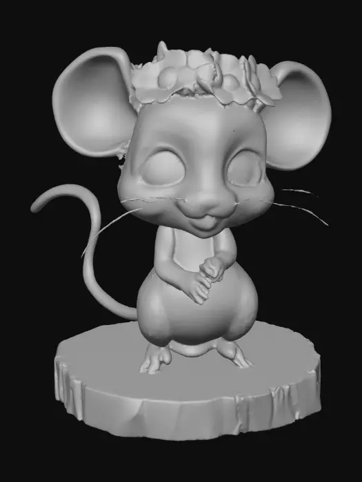 3D model for An adorable chibi cartoonish mouse wearing a crown of tiny flowers. Standing on a round slice of natural wood. Suitable for 3d model printing.