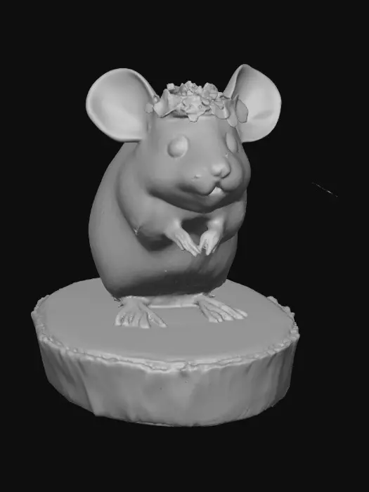 3D model for An adorable chibi cartoonish mouse wearing a crown of tiny flowers. Standing on a round slice of natural wood. Suitable for 3d model printing.