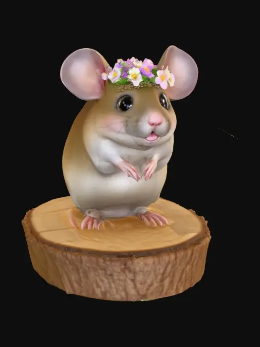 3D model for An adorable chibi cartoonish mouse wearing a crown of tiny flowers. Standing on a round slice of natural wood. Suitable for 3d model printing.