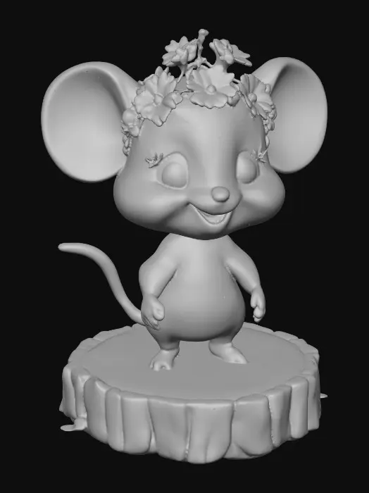 3D model for An adorable chibi cartoonish mouse wearing a crown of tiny flowers. Standing on a round slice of natural wood. Suitable for 3d model printing.