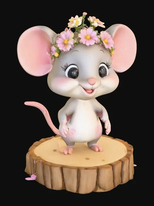 3D model for An adorable chibi cartoonish mouse wearing a crown of tiny flowers. Standing on a round slice of natural wood. Suitable for 3d model printing.