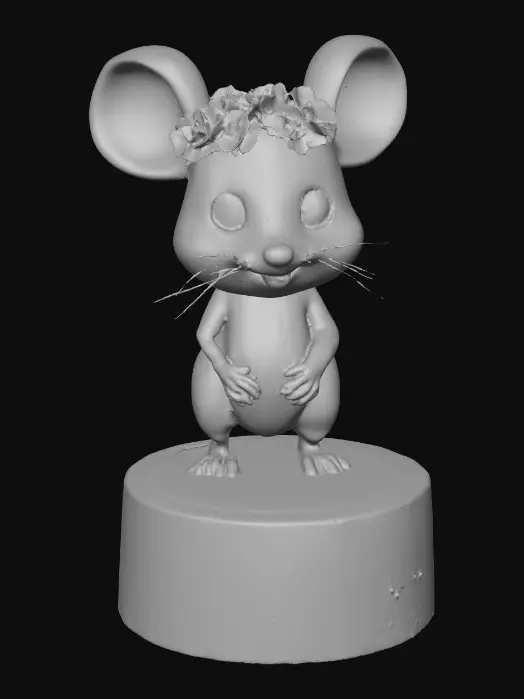 3D model for An adorable chibi cartoonish mouse wearing a crown of tiny flowers. Standing on a round slice of natural wood. Suitable for 3d model printing.