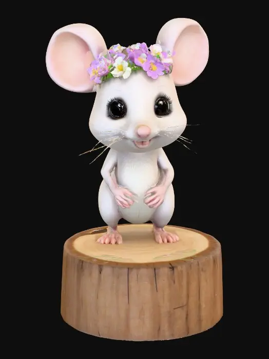 3D model for An adorable chibi cartoonish mouse wearing a crown of tiny flowers. Standing on a round slice of natural wood. Suitable for 3d model printing.