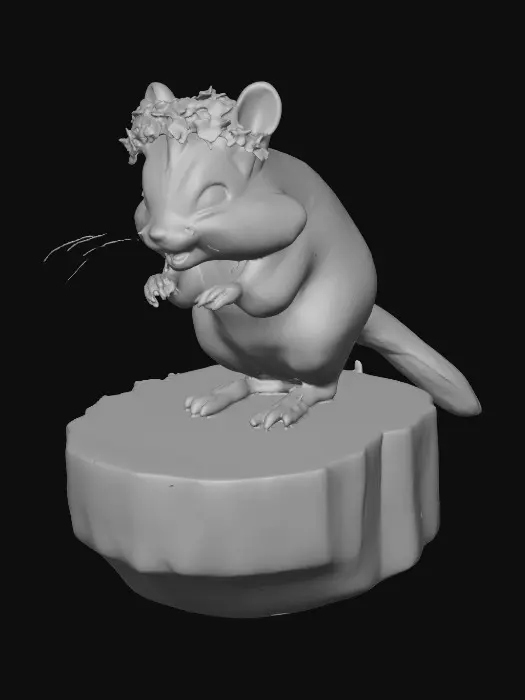 3D model for An adorable chibi cartoonish chipmunk wearing a crown of tiny flowers. Standing on a round slice of natural wood. Suitable for 3d model printing.