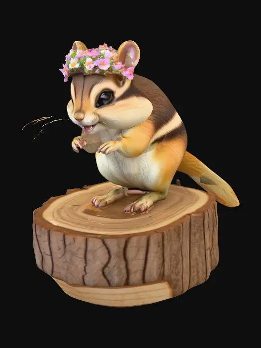 3D model for An adorable chibi cartoonish chipmunk wearing a crown of tiny flowers. Standing on a round slice of natural wood. Suitable for 3d model printing.
