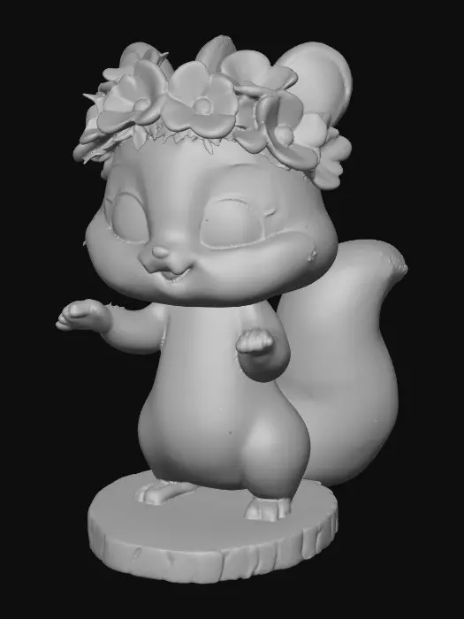 3D model for An adorable chibi cartoonish chipmunk wearing a crown of tiny flowers. Standing on a round slice of natural wood. Suitable for 3d model printing.