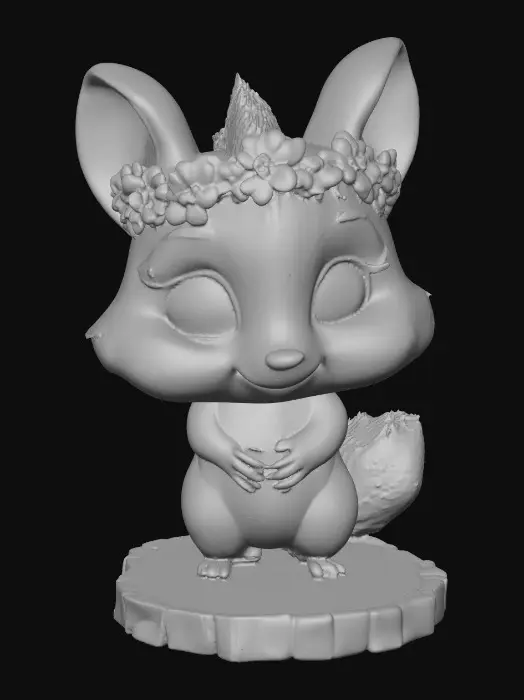 3D model for An adorable chibi cartoonish chipmunk wearing a crown of tiny flowers. Standing on a round slice of natural wood. Suitable for 3d model printing.