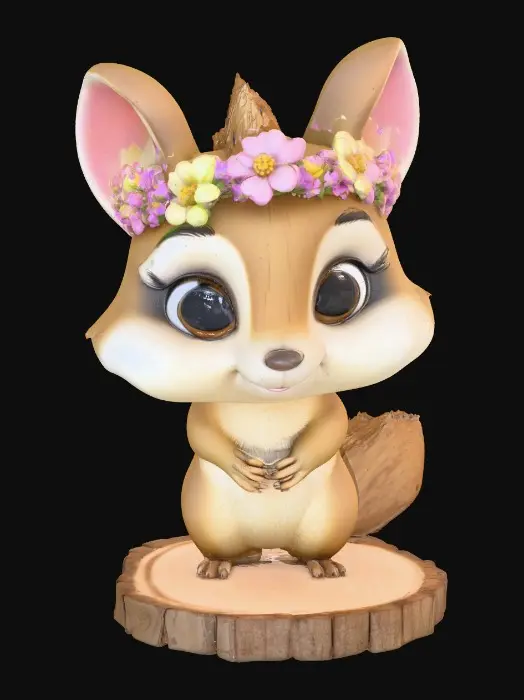 3D model for An adorable chibi cartoonish chipmunk wearing a crown of tiny flowers. Standing on a round slice of natural wood. Suitable for 3d model printing.