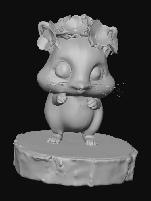 3D model for An adorable chibi cartoonish chipmunk wearing a crown of tiny flowers. Standing on a round slice of natural wood. Suitable for 3d model printing.