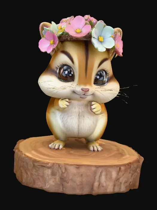3D model for An adorable chibi cartoonish chipmunk wearing a crown of tiny flowers. Standing on a round slice of natural wood. Suitable for 3d model printing.
