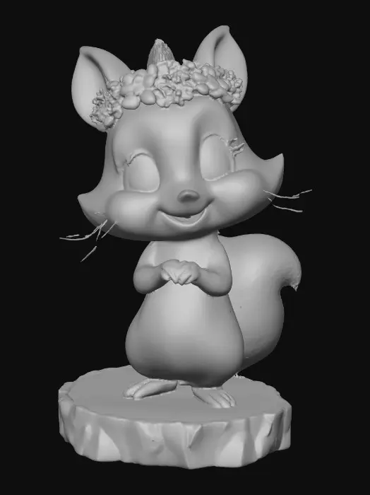 3D model for An adorable chibi cartoonish chipmunk wearing a crown of tiny flowers. Standing on a round slice of natural wood. Suitable for 3d model printing.