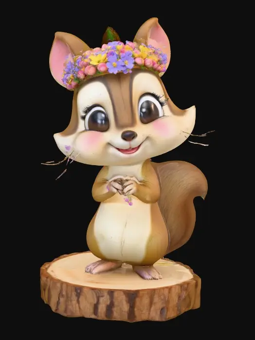 3D model for An adorable chibi cartoonish chipmunk wearing a crown of tiny flowers. Standing on a round slice of natural wood. Suitable for 3d model printing.