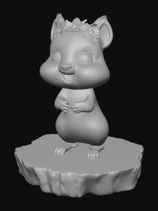 3D model for An adorable chibi cartoonish chipmunk wearing a crown of tiny flowers. Standing on a round slice of natural wood. Suitable for 3d model printing.